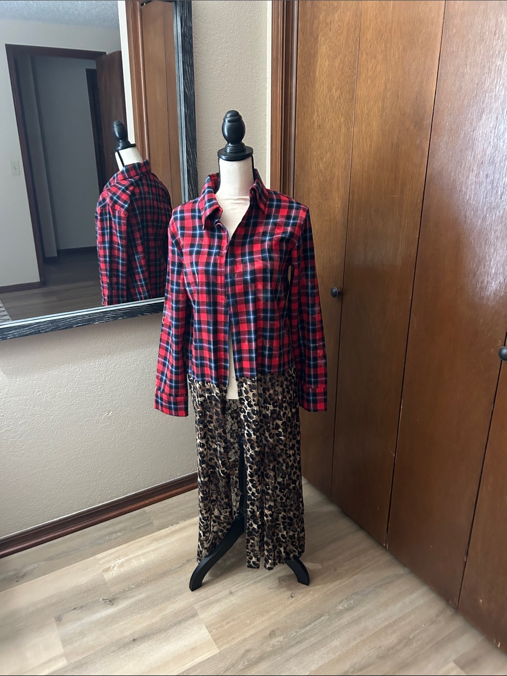 Red Plaid Jean Jacket with Leopard Hem